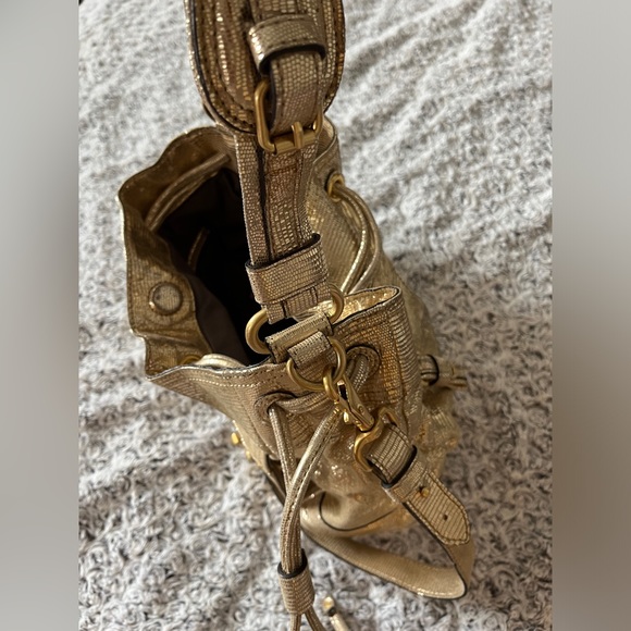 JUICY COUTURE Gold Leather Drawstring Animal Print Metallic Shoulder Bag Purse x - Picture 9 of 17